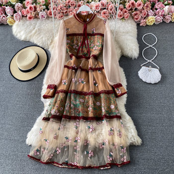 High-end celebrity temperament lace mesh embroidery dress spring new fashion elegant big swing long dress dress skirt