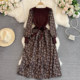 Gentle and retro temperament fake two-piece long-sleeved V-neck knitted waist slim floral A-line dress elegant long skirt