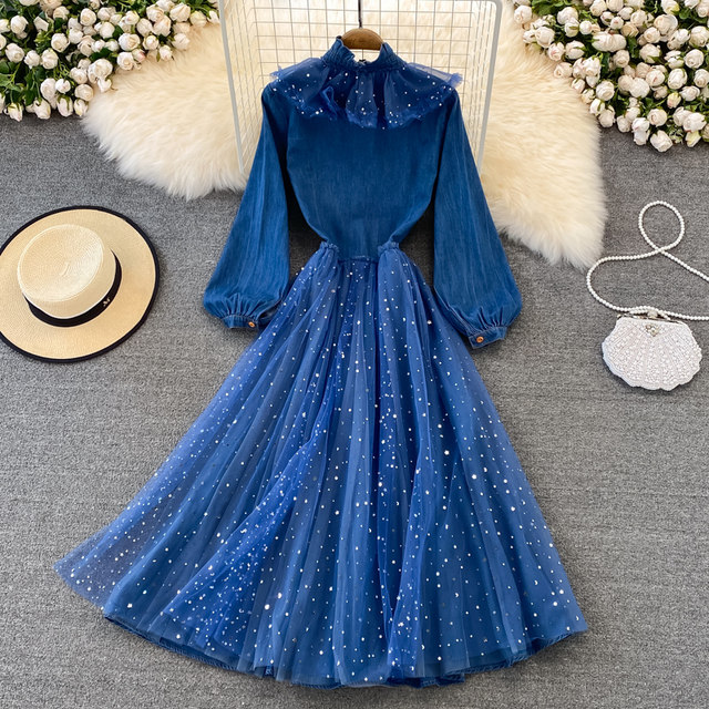 High-end denim skirt is thin and tall, long skirt, light familiar style, fungus edge, stand collar, tie mesh stitching dress