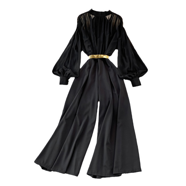 French-Style Elegant and Gentle Retro Stand-Up Collar Lantern Sleeve Waist-Cinching Slimming Wide-Leg Jumpsuit Fashion Romper