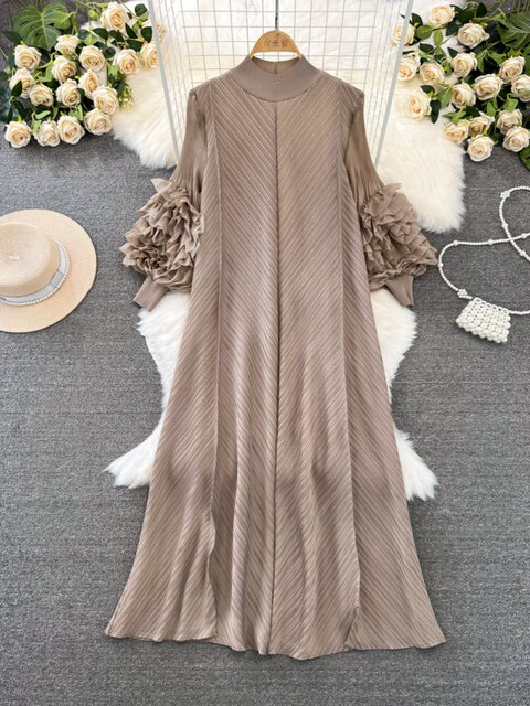 High-End Ladylike Pleated Lantern Long-Sleeved Stand-Up Collar Loose A-Line Solid Color Dress Elegant Long Dress