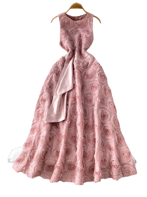 High-end temperament three-dimensional flower round neck sleeveless dress for women summer high-end evening dress skirt waist slimming