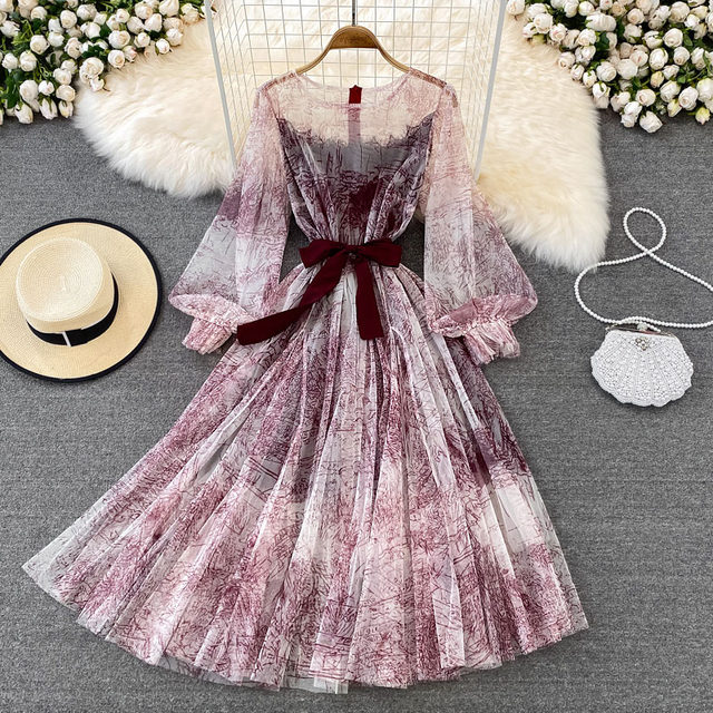 Super fairy perspective ink retro puff sleeves waist thin round neck mesh dress elegant temperament large swing dress