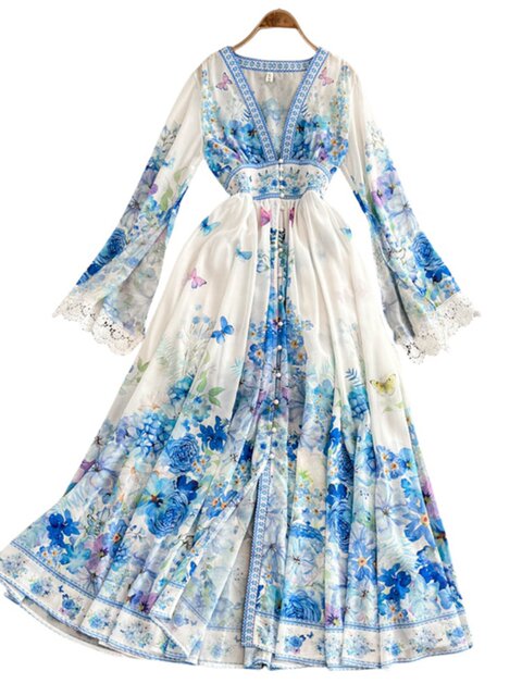 European and American palace style dress, sexy deep V-neck, buttoned waist, slimming and long design, printed temperament dress