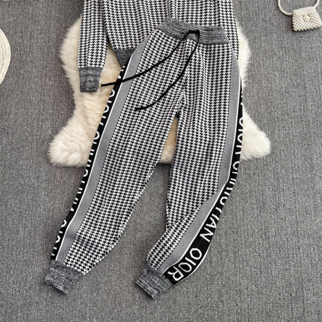 Fashion suit women's houndstooth rhombus jacquard sweater long-sleeved top two-piece suit casual sports trousers