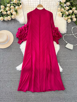 High-End Ladylike Pleated Lantern Long-Sleeved Stand-Up Collar Loose A-Line Solid Color Dress Elegant Long Dress
