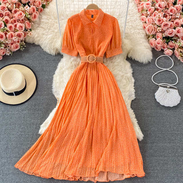 2021 summer Korean chic puff sleeves lapel pleated polka dot dress