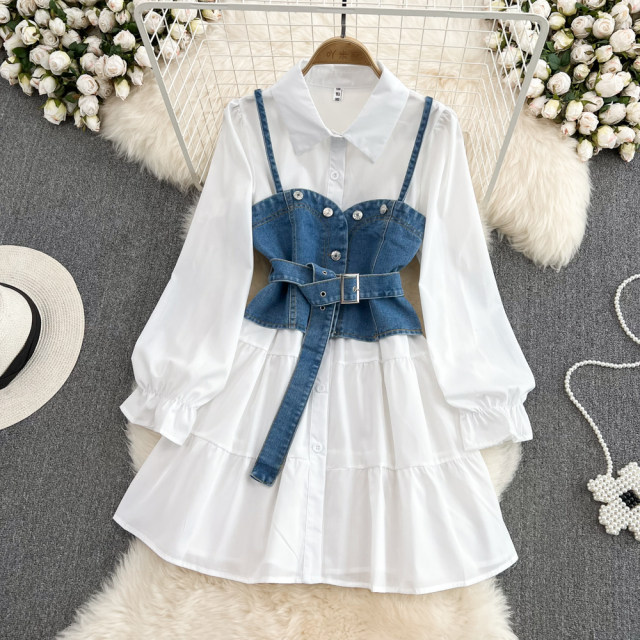 2023 autumn new Hong Kong style retro long-sleeved single-breasted shirt dress two-piece denim camisole