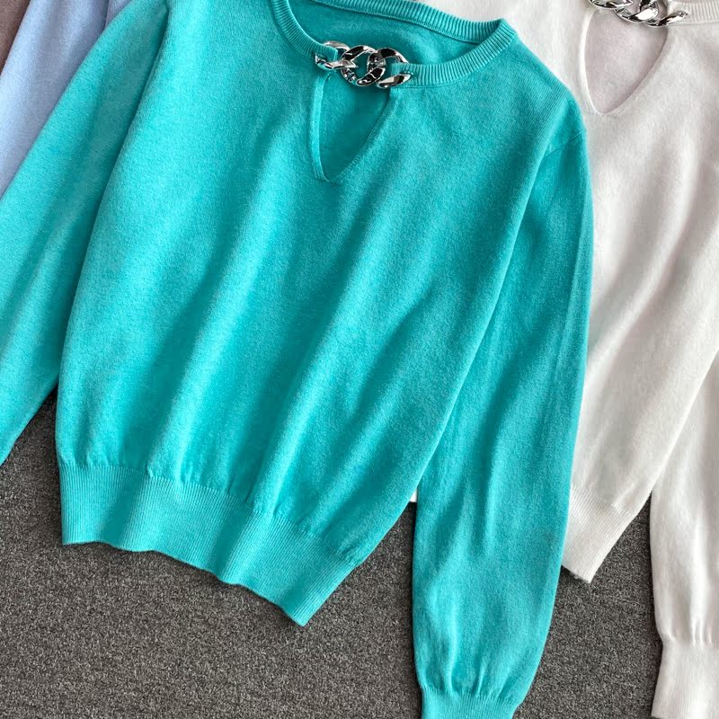 2021 autumn and winter Korean version new design sense chain slim knit sweater foreign style short long sleeve top