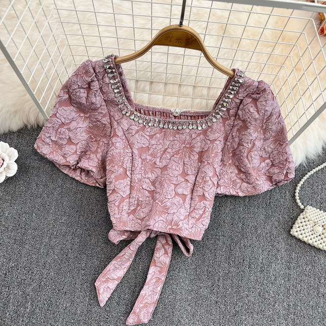 Retro Palace Puff Sleeve Diamond Square Collar Slim Bow Knot Jacquard Shirt Women's Western Style Chic Short Top Spring