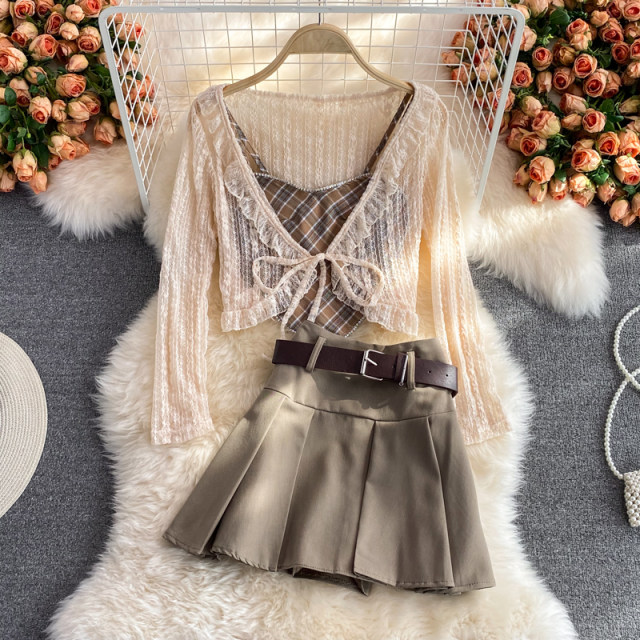 Summer pleated skirt three-piece set is thin and short hot girl camisole long-sleeved chiffon cardigan jacket suit