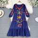 Bohemian ethnic style embroidery V-neck loose cotton and linen a-line big swing dress seaside holiday big swing long skirt