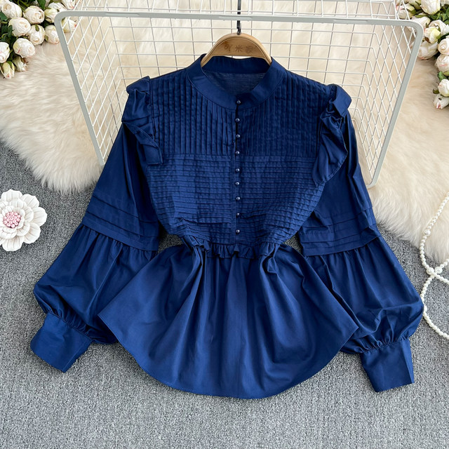 Age-reducing sweet doll shirt women's court style stand-up collar puff sleeves loose ruffled long-sleeved white pullover shirt spring