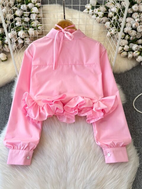Sweet Three-Dimensional Ruffle Trim Design Shirt 2025 New Chic Slim-Fit Short Top