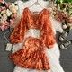 Spring and Autumn High Waist Deep V-neck Lantern Sleeve Short Chiffon Shirt Top Two-piece Women's High Waist Floral Hip Skirt