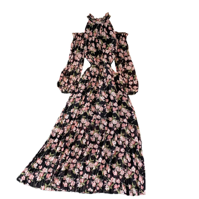 Hanging neck off-shoulder floral dress women's summer fashion fashion age-reducing puff sleeves over-the-knee chiffon large swing long skirt