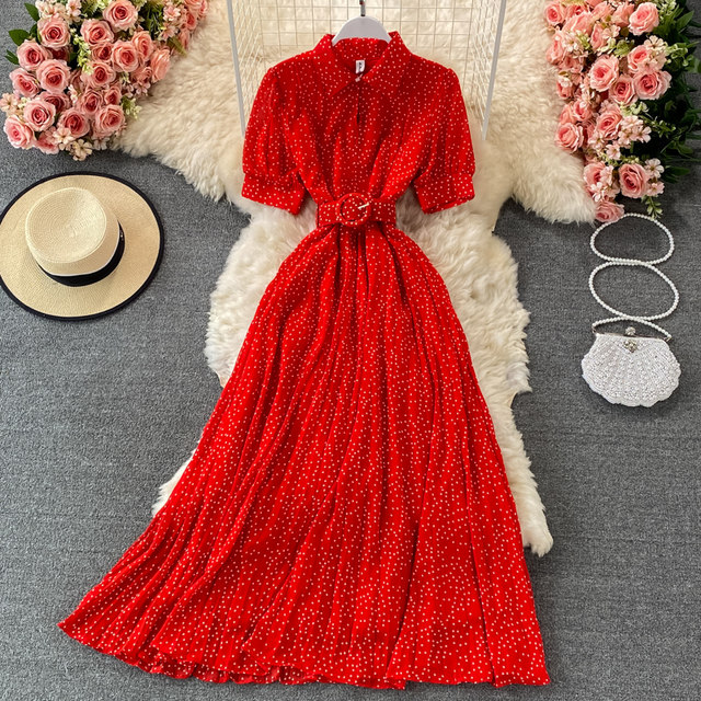 2021 summer French retro lapel pleated dress with straps waist puff sleeves slim and slim long skirt