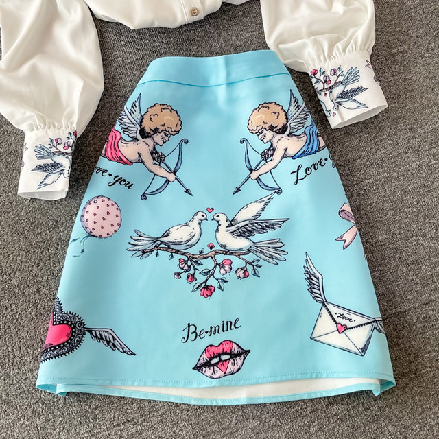 Fashion Suit for Women, Spring and Autumn New Style, European and American High-End Long-Sleeved Off-Shoulder Shirt Two-Piece Set, High-Waisted Hip-Hugging Skirt