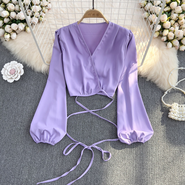 2023 Spring New Korean Style Deep V Neck Puff Sleeve Slim Shirt Female Western Style Chic Short Navel Showing Top