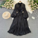 Spring and Autumn Korean Style Lantern Long Sleeve Stand Collar Waist Slimming Pleated A-Line Sequin Dress Seaside Vacation Long Dress