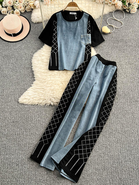 2025 summer design, loose and slim denim stitching, round neck short-sleeved top + wide-leg pants two-piece set