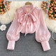 Autumn 2023 new super fairy loose belly cover bow tie French shirt long-sleeved temperament top women