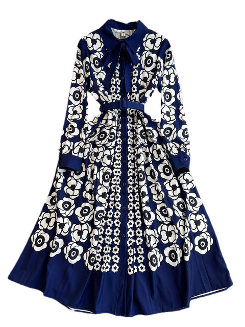 Fashionable and Luxurious Long-Sleeved Dress with a Lapel, Waist-Cinching, Slimming, Single-Breasted, A-Line, Printed, and Flared Hem