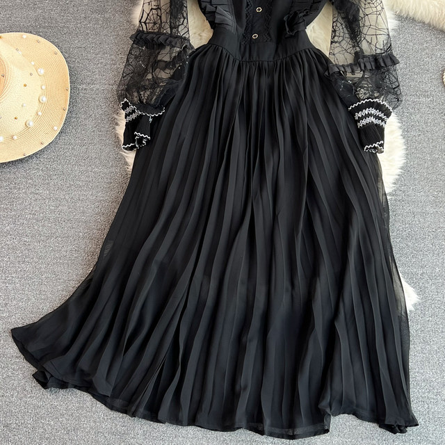 Hepburn style high-end long-sleeved round neck ruffled waist slimming A-line pleated dress elegant swing long skirt