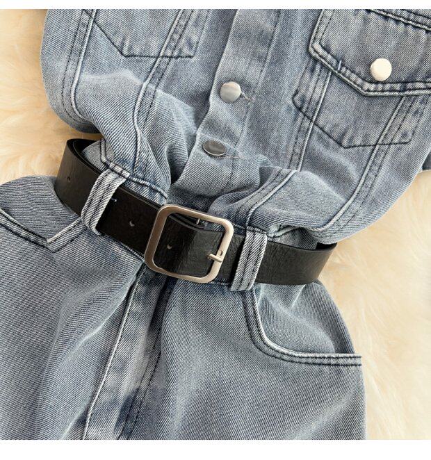 Боди/брюки 覆古港式单排扣翻领连衣裤高腰修身短袖牛仔连衣裤夏季