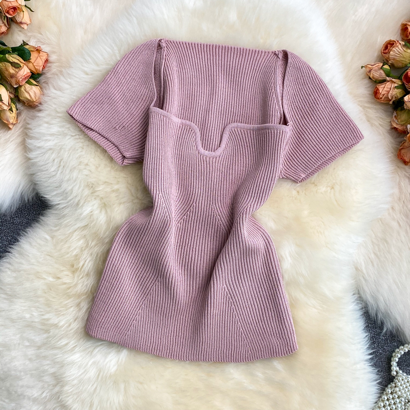 Women's Knitwear Short Sleeve Blouses Pleated Simple Style Solid Color display picture 4