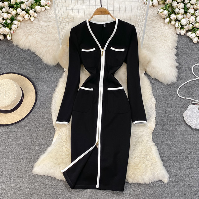 Spring and autumn Korean chic elegant temperament V-neck contrast color waist slimming long-sleeved zipper bag hip bottoming dress