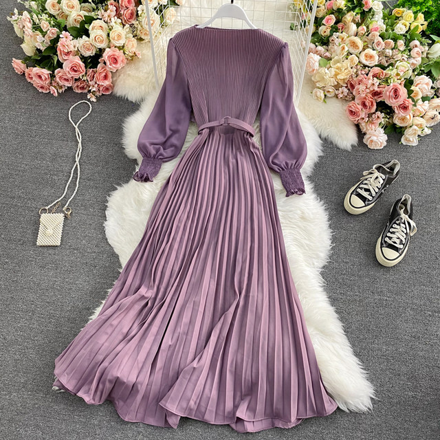 Light familiar style high waist round neck dress spring and autumn new temperament solid color waist slimming pleated long skirt