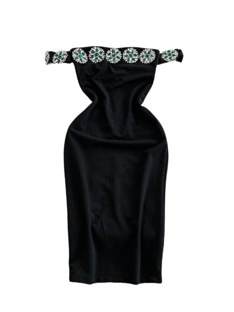 Light Luxury Socialite Sexy Strapless Backless Black Dress for Women, Heavily Embellished with Rhinestones, Waist-Cinching, Slimming, Bodycon Evening Gown