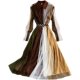 Spring and autumn contrast color stitching mesh dress lantern sleeve goddess fan temperament POLO collar waist slimming long skirt