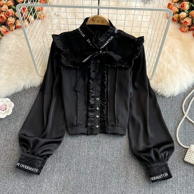 Spring and autumn fashion half-high collar long-sleeved fungus side age-reducing top court style retro short puff sleeve shirt for women