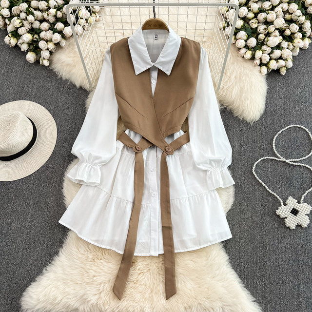 Spring and autumn new age-reducing design college style single-breasted shirt dress French retro Hepburn style with vest