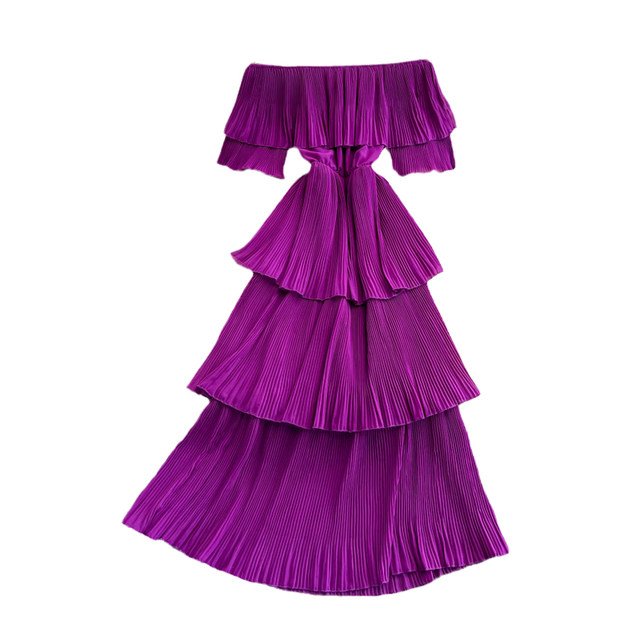 Summer one-word collar strapless sweet ruffled temperament cake dress seaside vacation beach skirt elegant long skirt