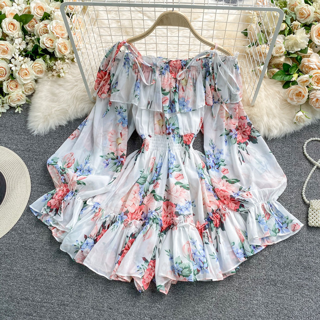 Seaside vacation one-shoulder off-the-shoulder printed chiffon jumpsuit skirt super fairy loose wide-leg pants shorts jumpsuit