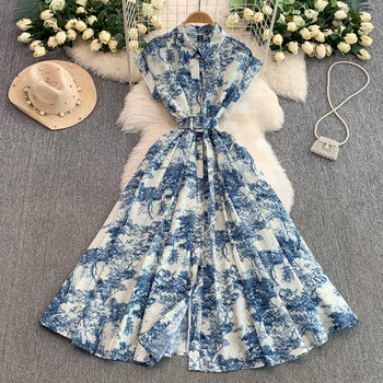 European and American Style Niche Ink Painting Print Lapel Shirt Dress for Women, French Style Tie Waist Slimming Long Skirt with a Large Hem