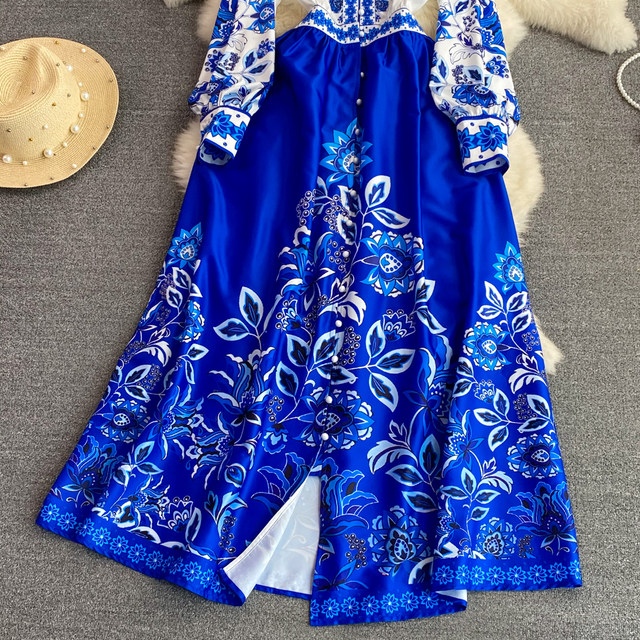 Retro court style long-sleeved V-neck ruffled waist single-breasted printed A-line dress elegant long skirt