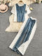 2025 summer design, loose and slim denim stitching, round neck short-sleeved top + wide-leg pants two-piece set