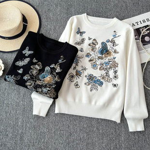 White demi-season design knitted sweater, round collar, trend of season, with embroidery, slim fit