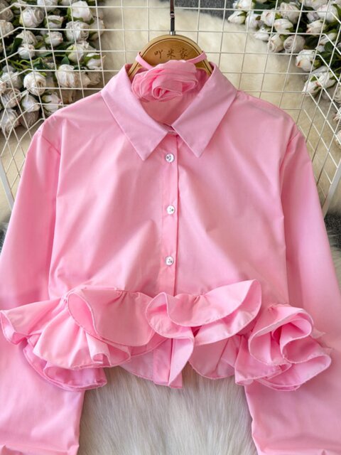 Sweet Three-Dimensional Ruffle Trim Design Shirt 2025 New Chic Slim-Fit Short Top
