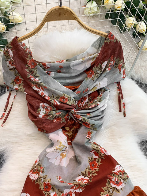 European and American Style Atmospheric Mesh Printed Twisted V-Neck Dress for Women, Summer Waist-Cinching Ruffled Elegant Long Dress