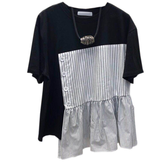 Short-sleeved women's 2023 new summer design popular tops Korean style loose striped splicing irregular T-shirt summer