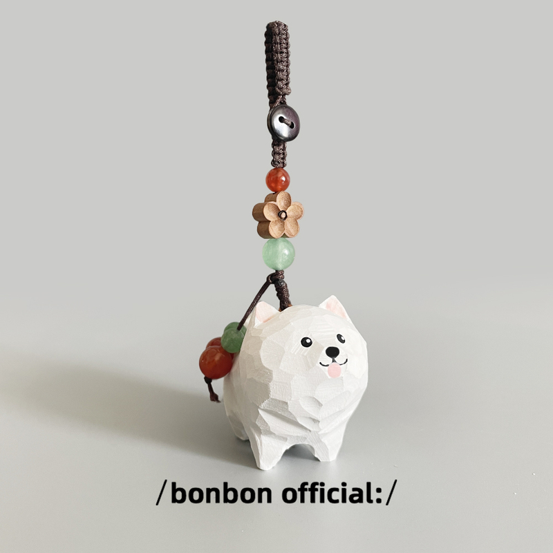 Hand-Carved Samoyed Keychain Solid Wood Backpack Pendant Car Key Decoration Friend's Birthday Gift