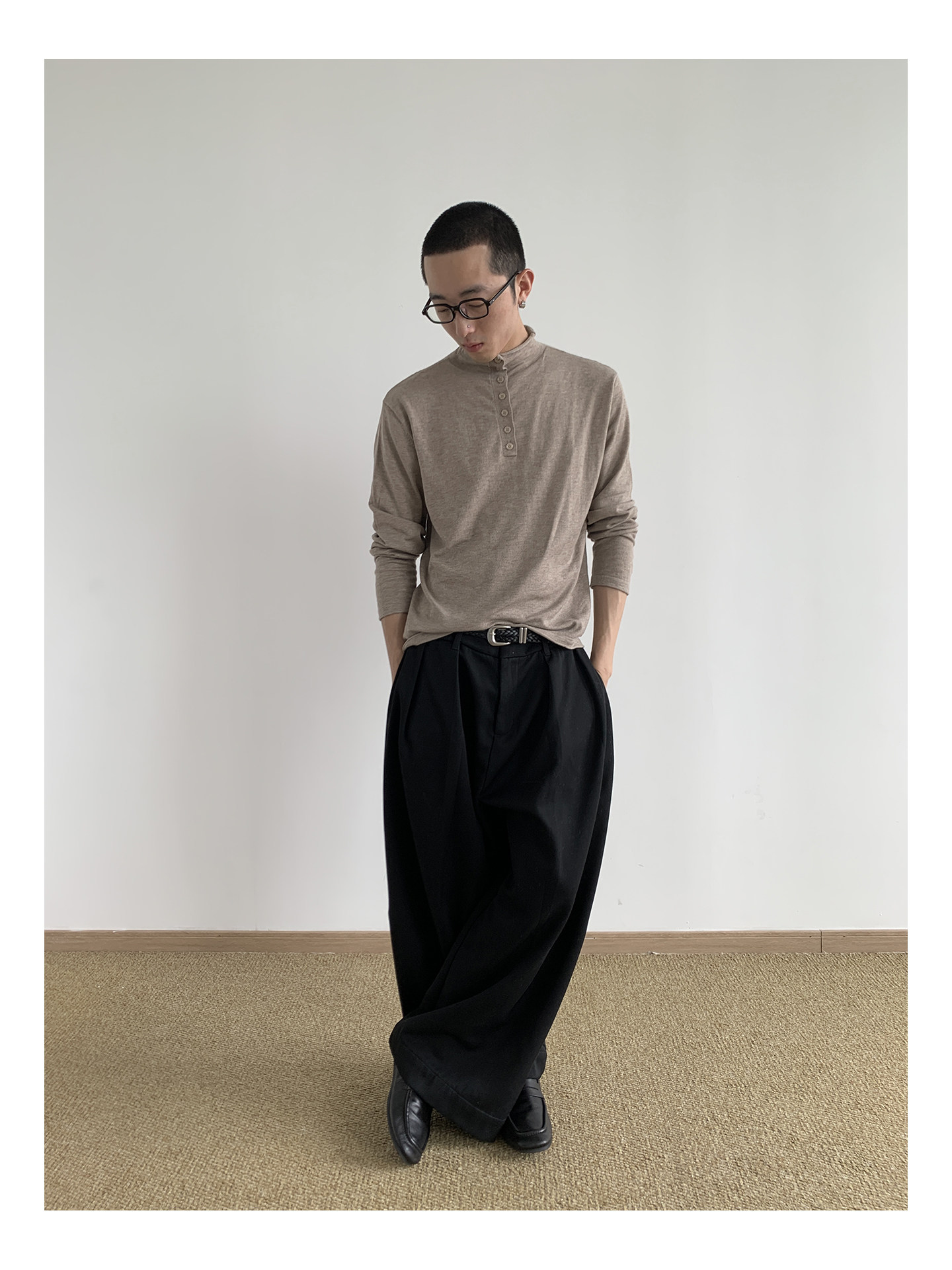 MION Wool-Blend Mock Neck Henley Tee