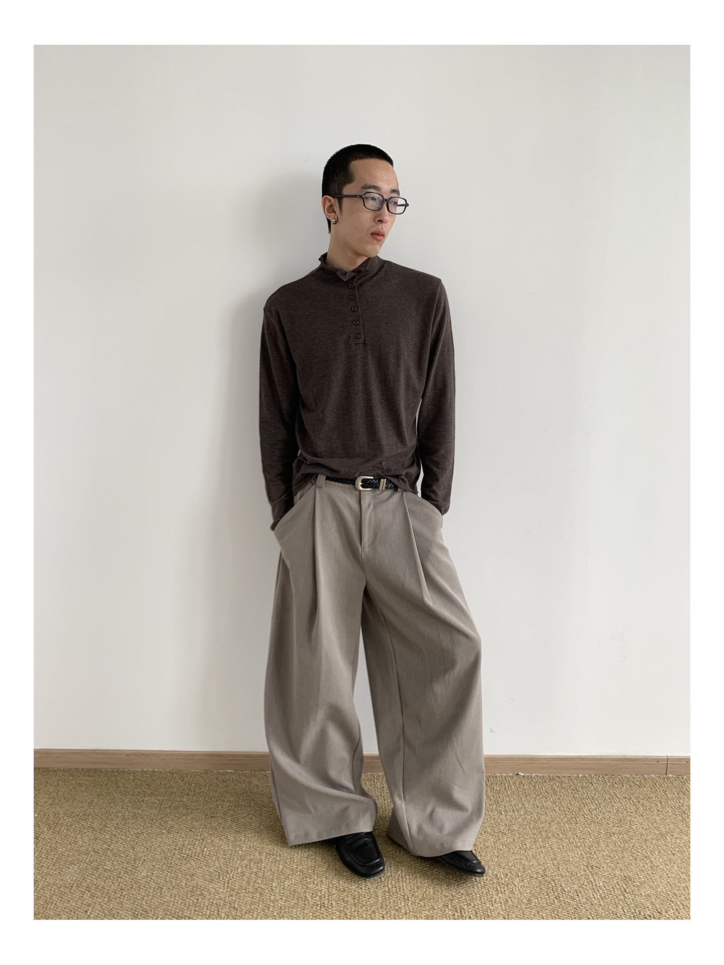 MION Wool-Blend Mock Neck Henley Tee
