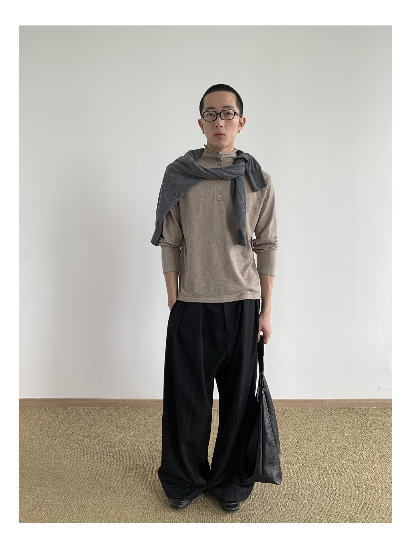 MION Wool-Blend Mock Neck Henley Tee