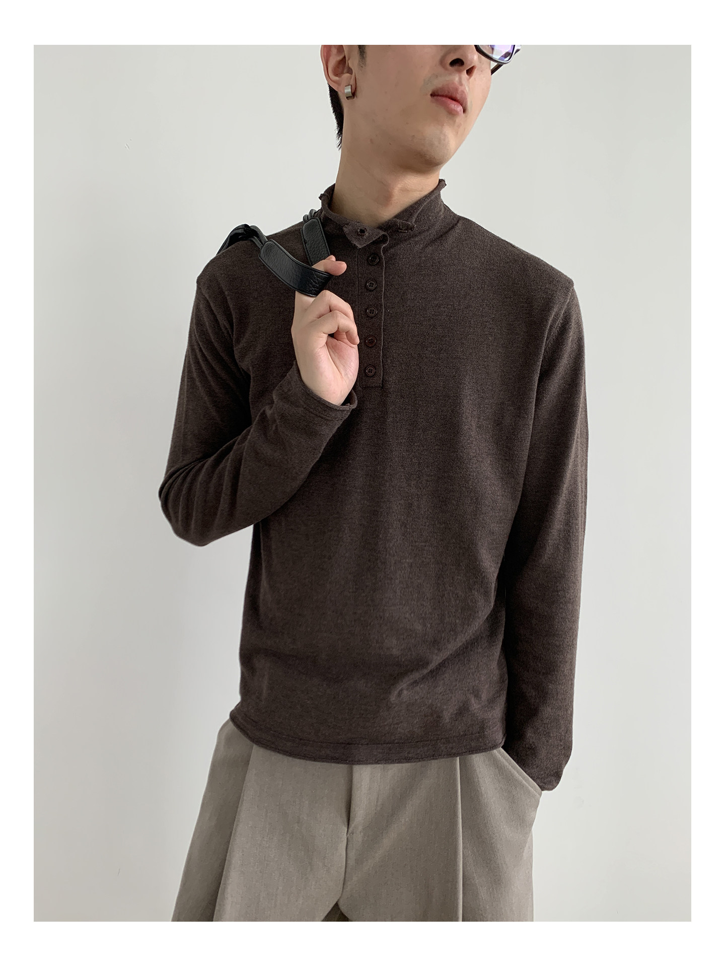 MION Wool-Blend Mock Neck Henley Tee